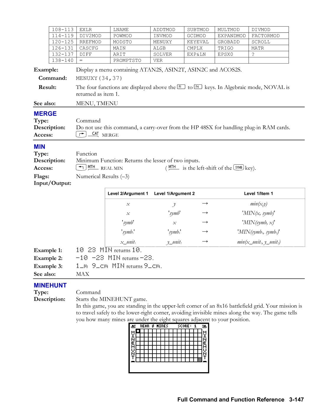 HP 48gII Graphing, 50g Graphing manual Merge, Minehunt, MENU, Tmenu, Minx,y 