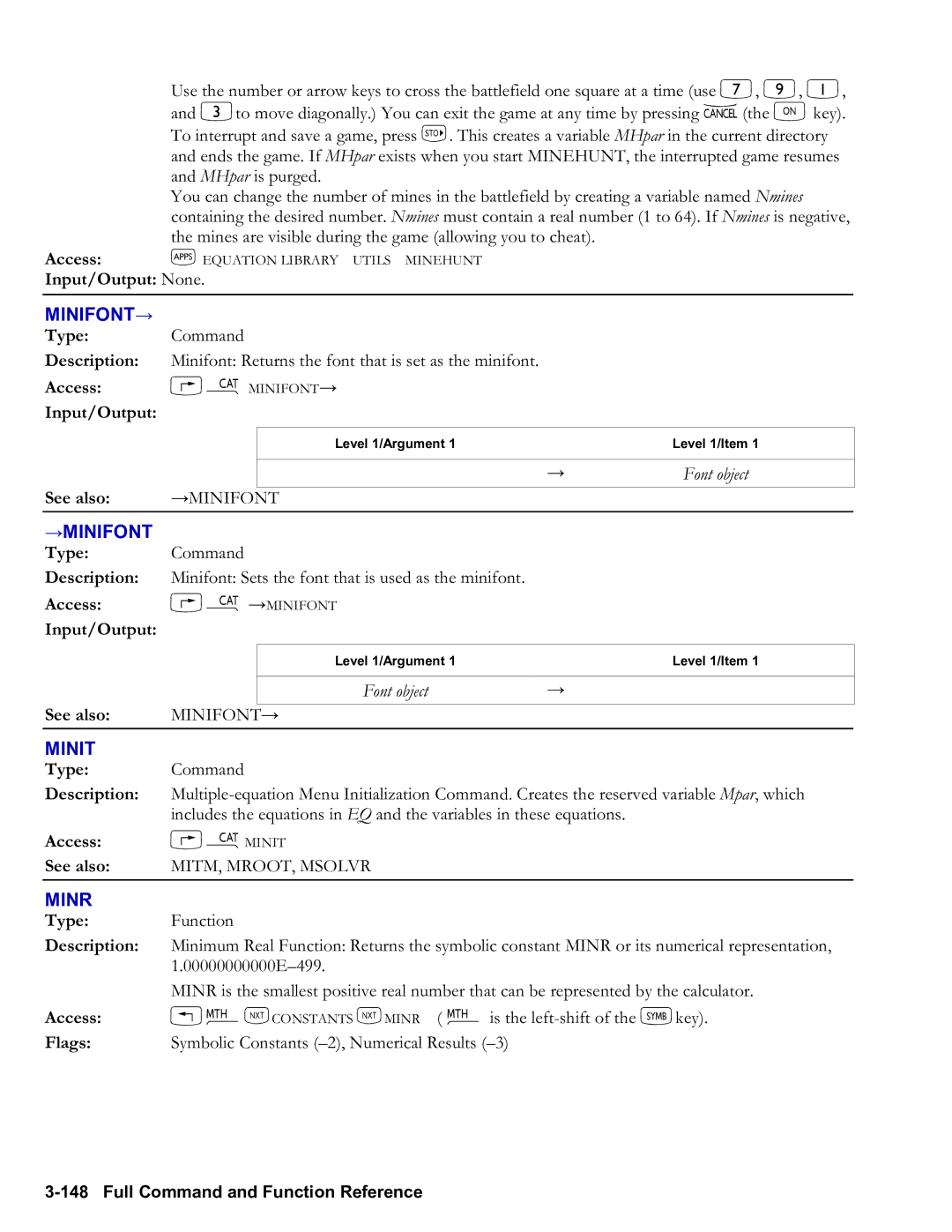 HP 50g Graphing, 48gII Graphing manual Minifont→, →Minifont, Minit, Minr, MITM, MROOT, Msolvr 