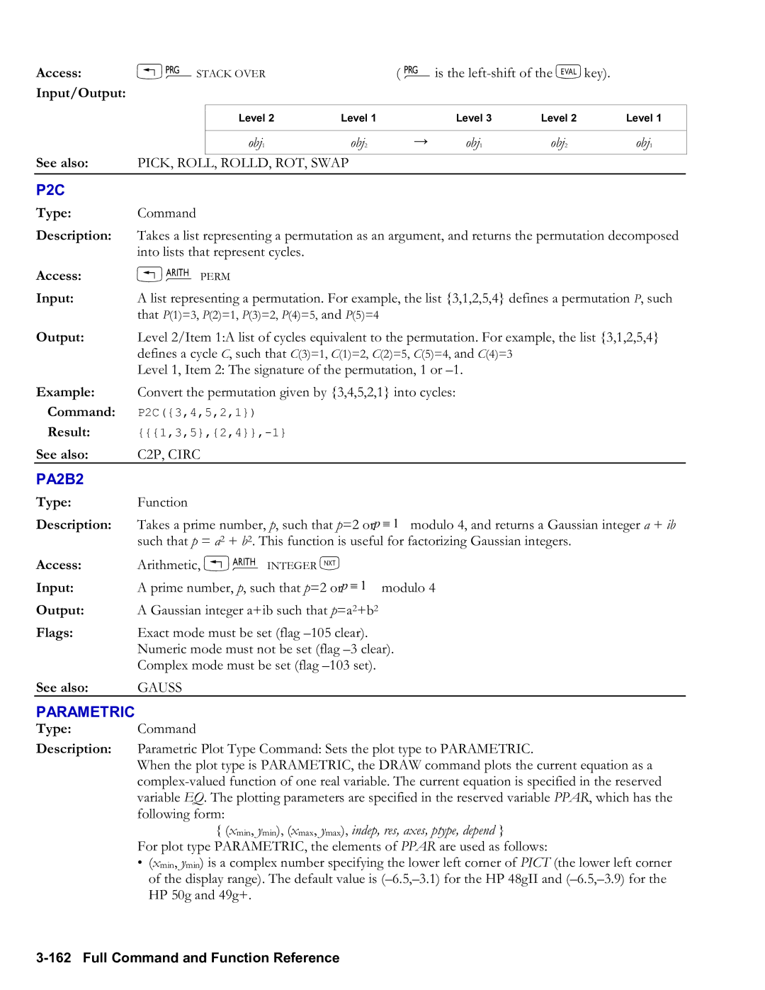 HP 50g Graphing, 48gII Graphing manual P2C, PA2B2, Parametric, Xmin, ymin, xmax, ymax, indep, res, axes, ptype, depend 