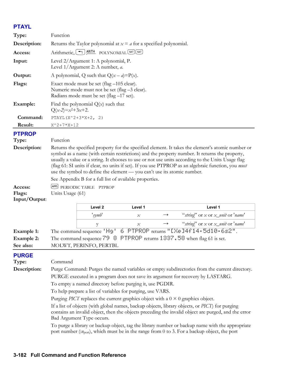 HP 50g Graphing, 48gII Graphing manual Ptayl, Ptprop, Purge, Symb String or x or xunit or name, MOLWT, PERINFO, Pertbl 