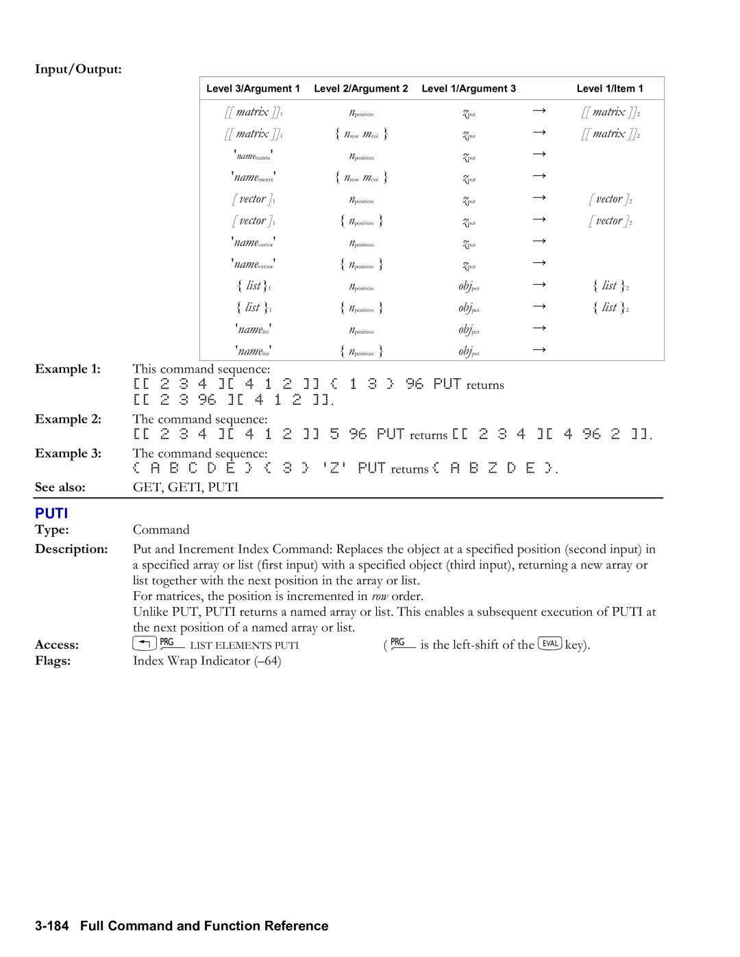 HP 50g Graphing, 48gII Graphing manual Puti, Obj put List Name, This command sequence 