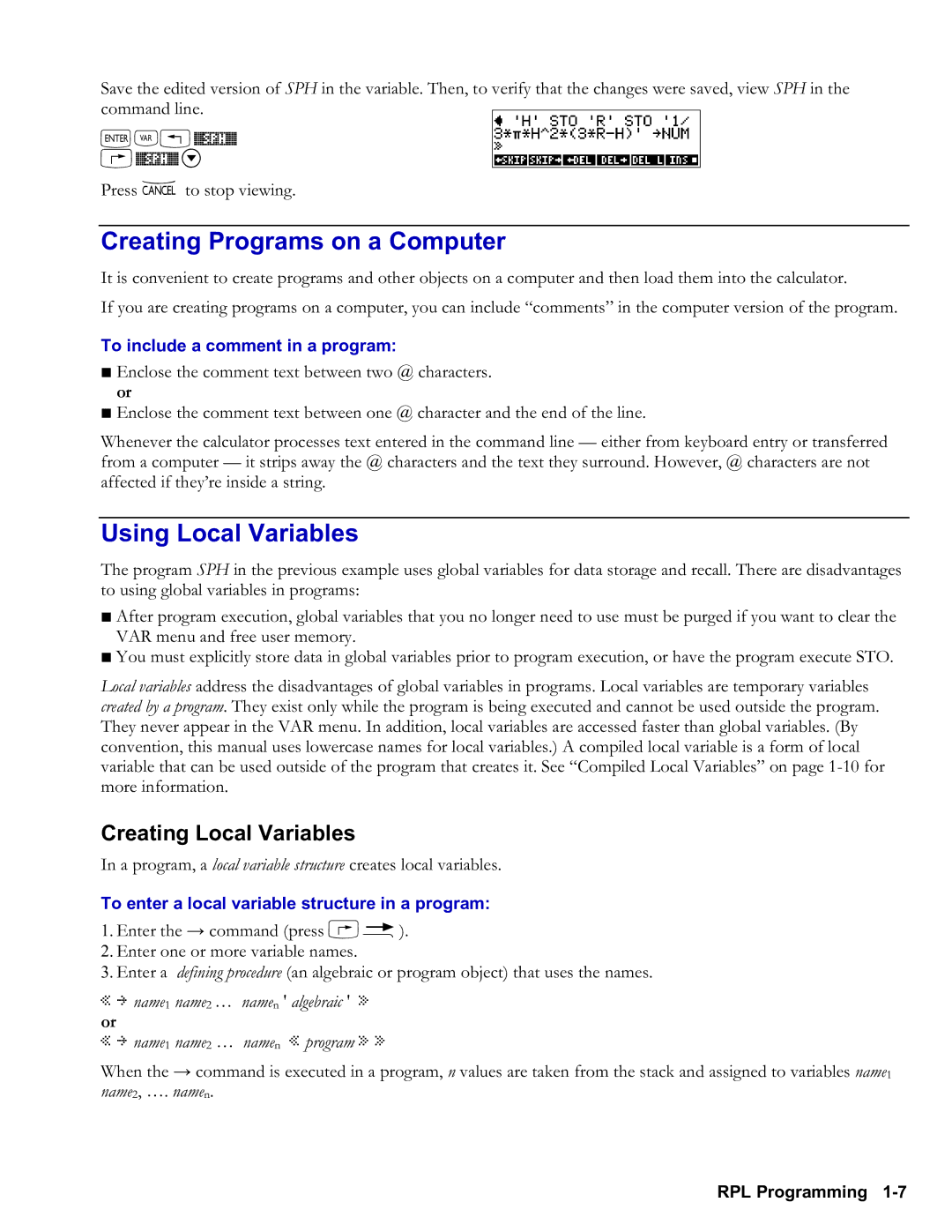 HP 48gII Graphing Creating Programs on a Computer, Using Local Variables, Creating Local Variables, `J!%Sph% @%Sph% ˜ 