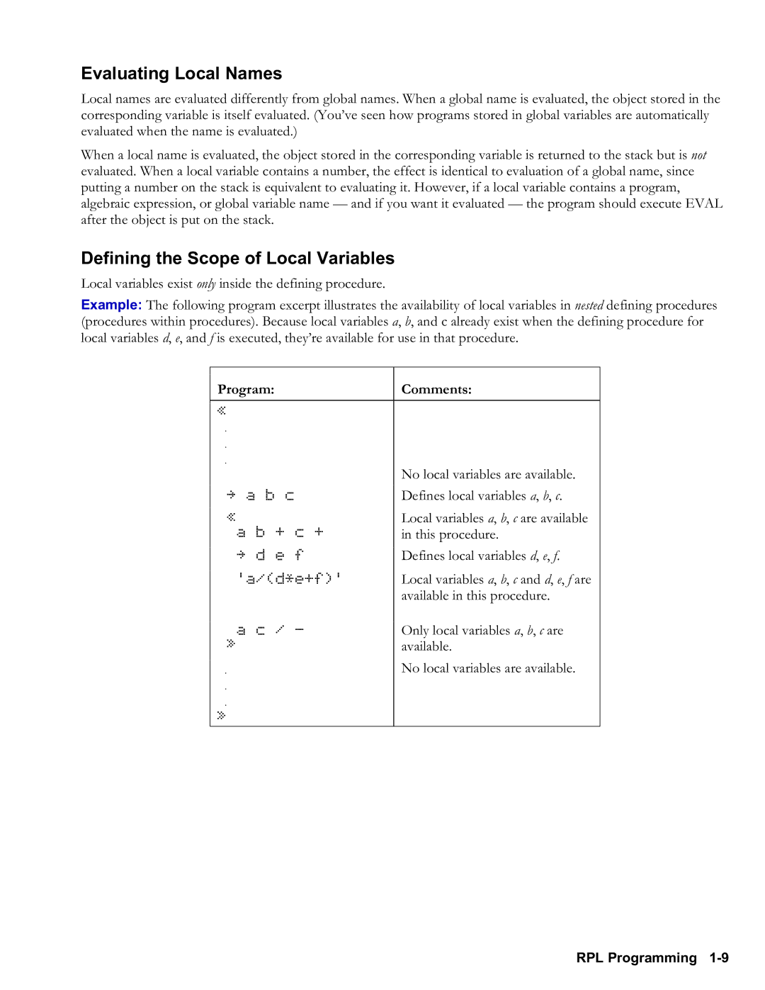 HP 48gII Graphing, 50g Graphing manual Evaluating Local Names, Defining the Scope of Local Variables 