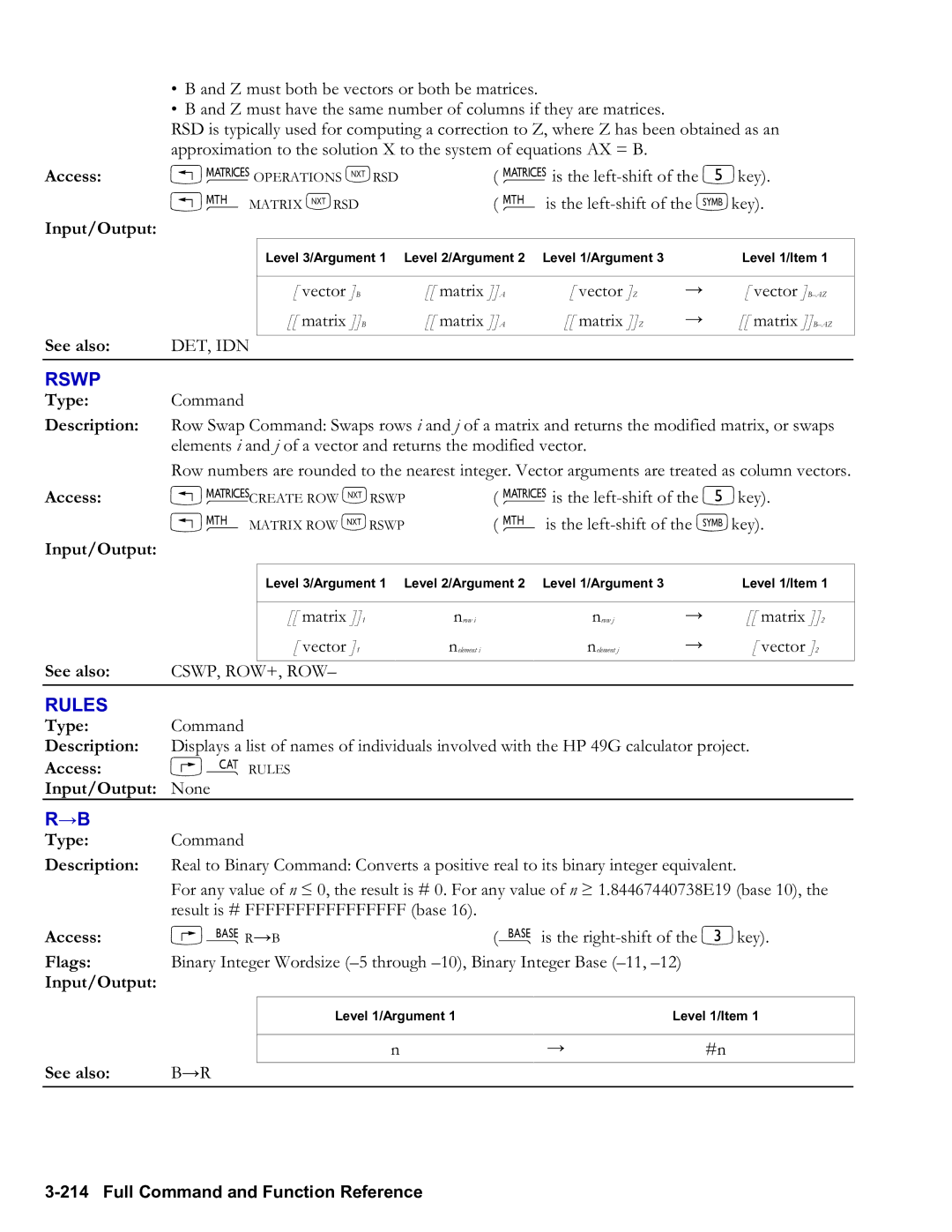 HP 50g Graphing, 48gII Graphing manual Rswp, Rules, Det, Idn, Cswp, Row+, Row, Access … Ã R → B 