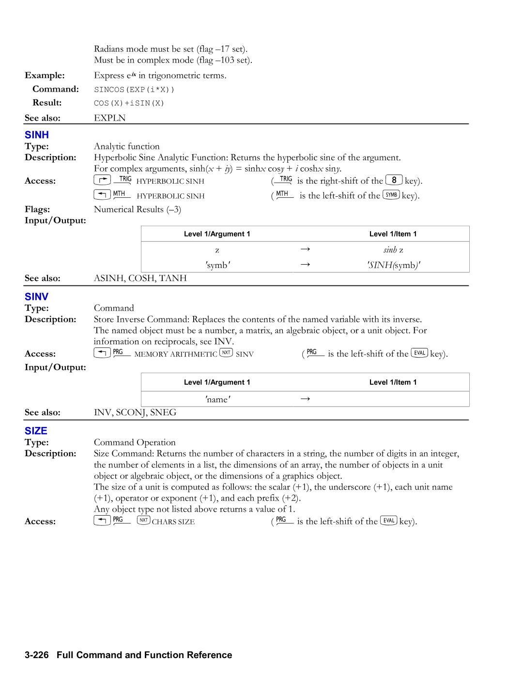 HP 50g Graphing, 48gII Graphing manual Sinv, Size, Sinh z, SINHsymb 