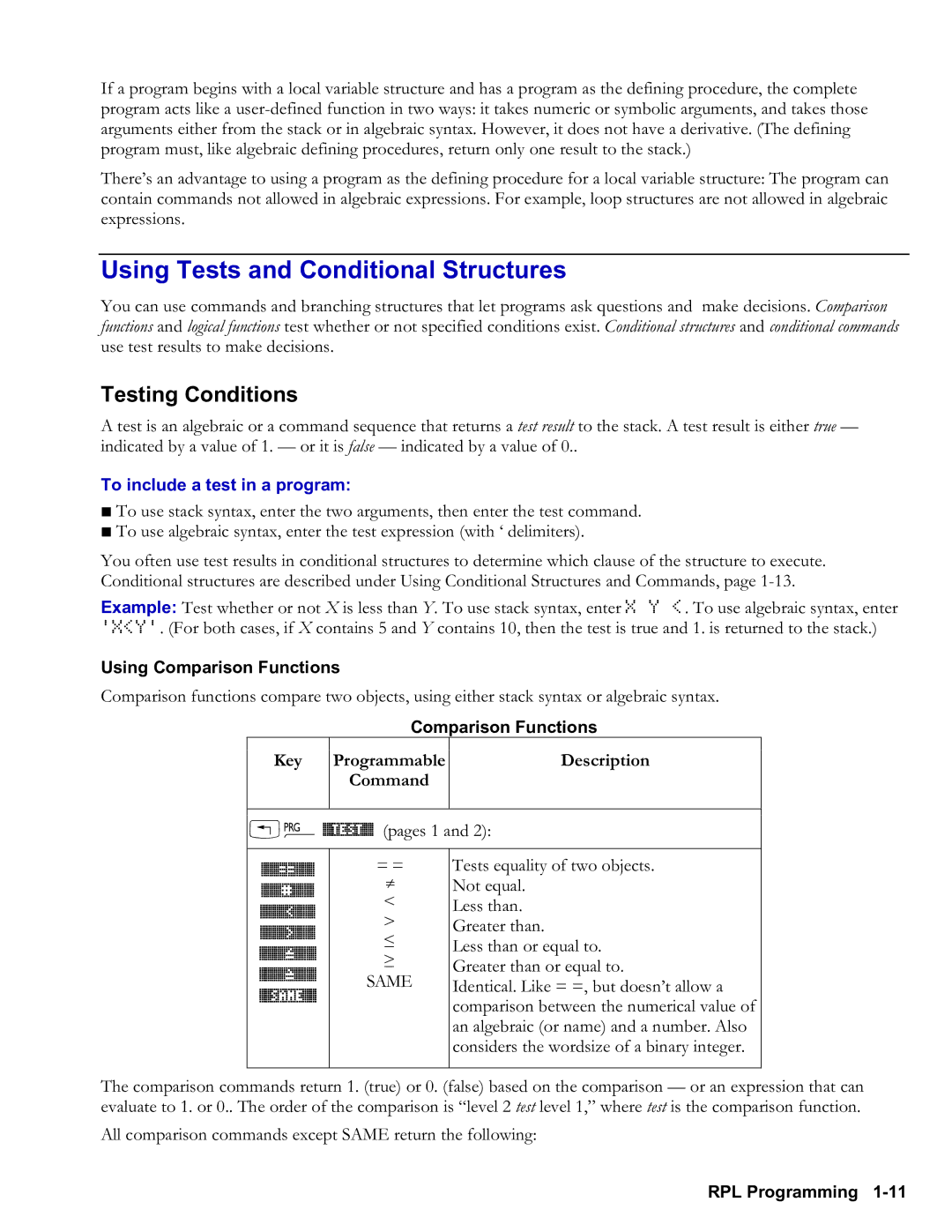 HP 48gII Graphing, 50g Graphing Using Tests and Conditional Structures, Testing Conditions, To include a test in a program 