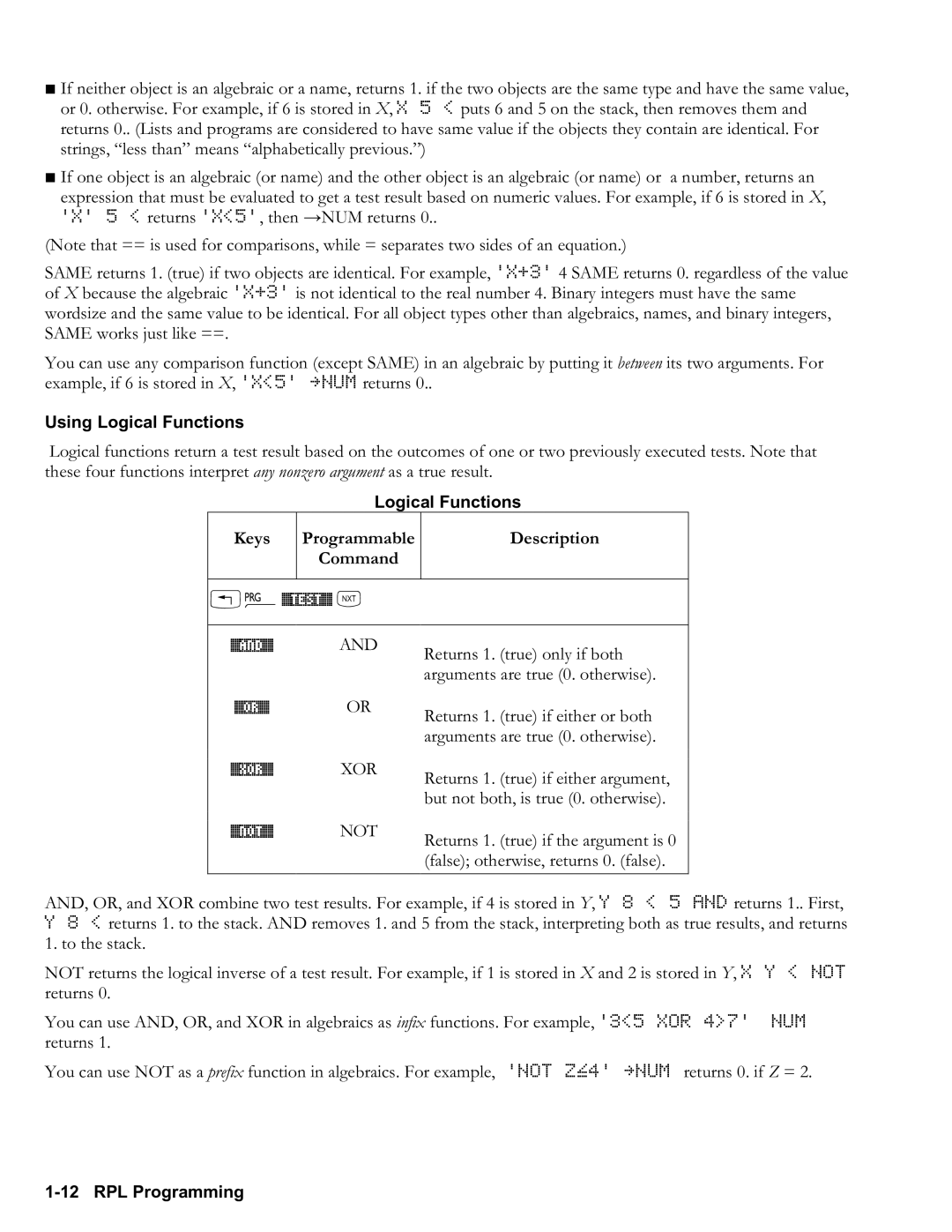 HP 50g Graphing, 48gII Graphing manual Using Logical Functions, Keys Programmable Description Command, Test% L 