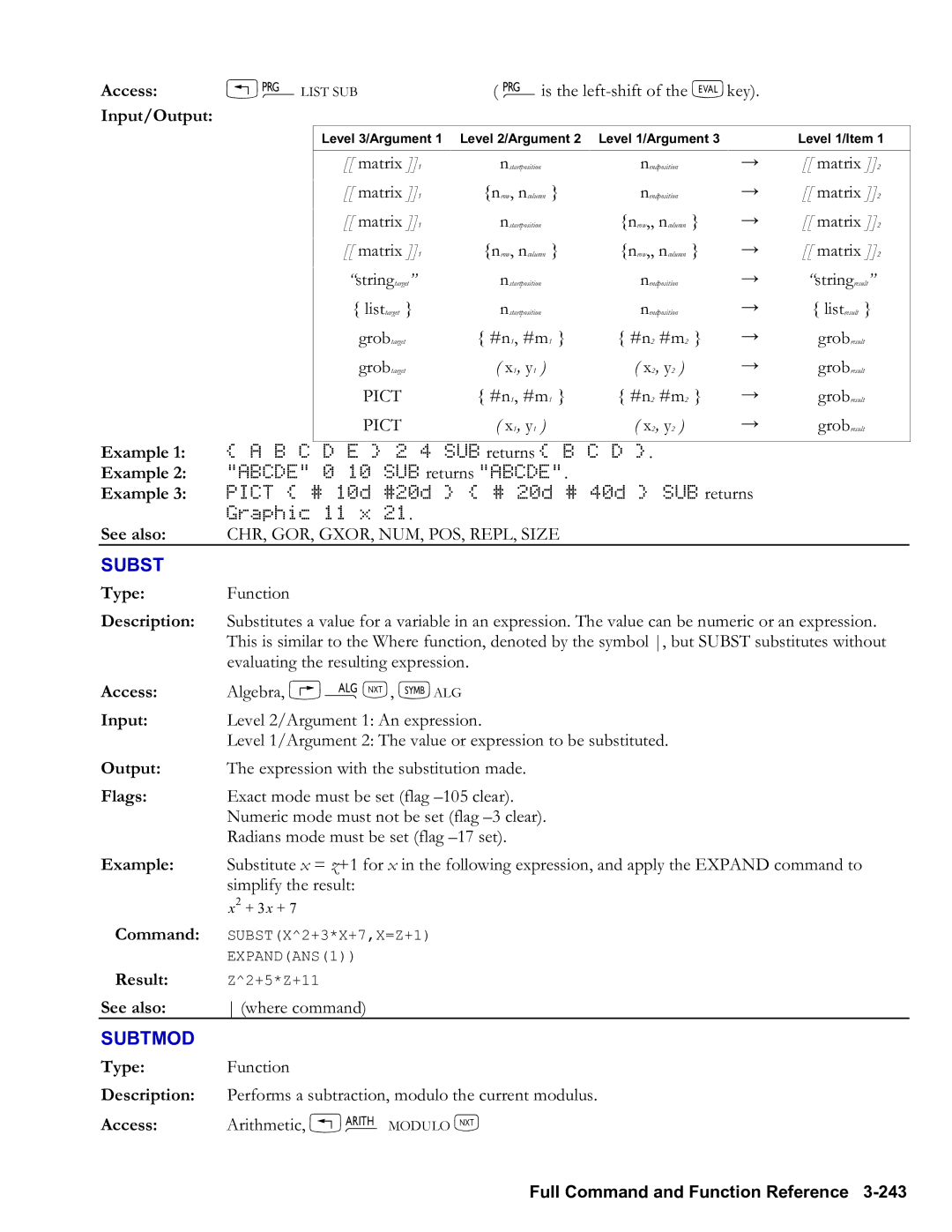 HP 48gII Graphing, 50g Graphing manual Subst, Subtmod, X1, y1 X2, y2, CHR, GOR, GXOR, NUM, POS, REPL, Size 