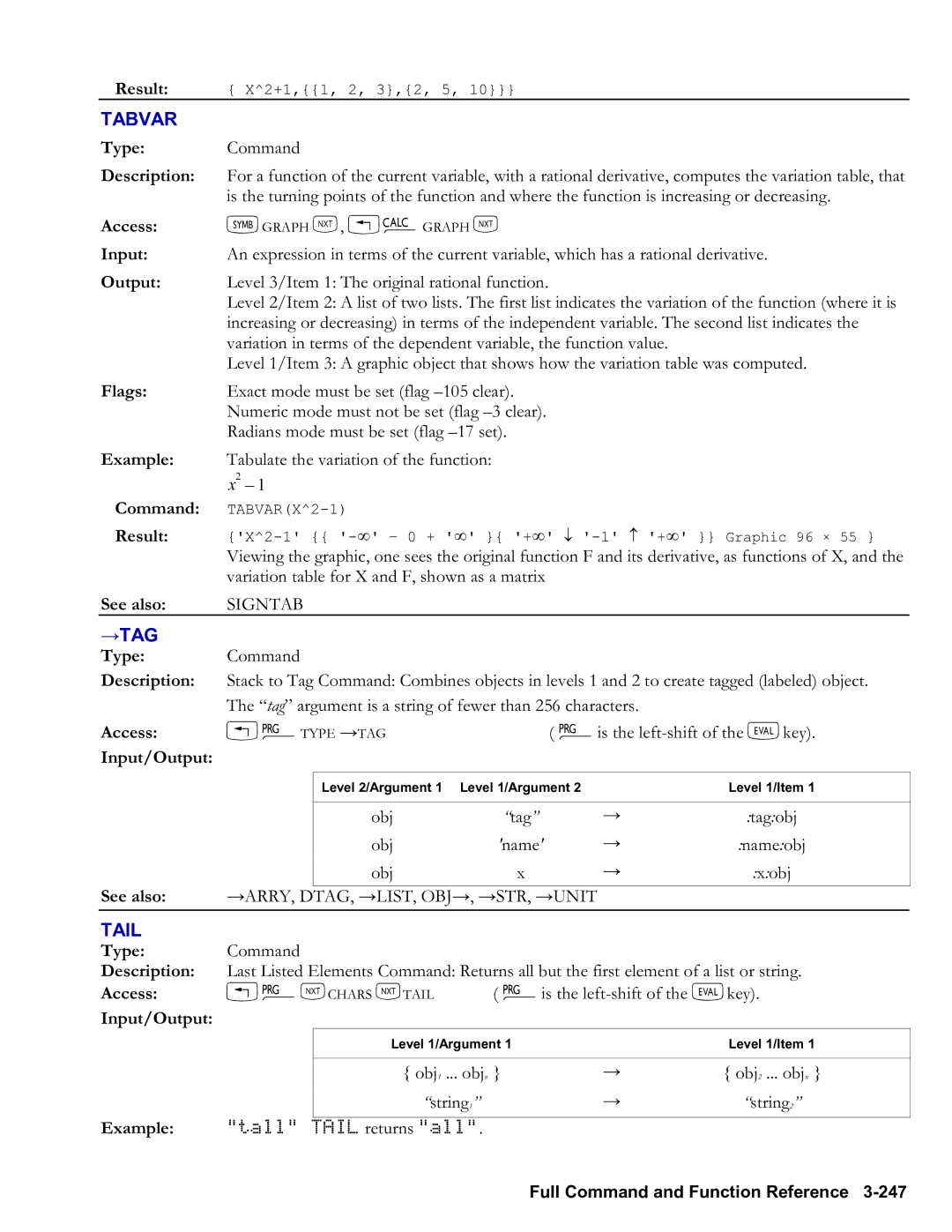 HP 48gII Graphing, 50g Graphing manual Tabvar, →Tag, Tail, →Arry, Dtag, →List, Obj→, →Str, →Unit 