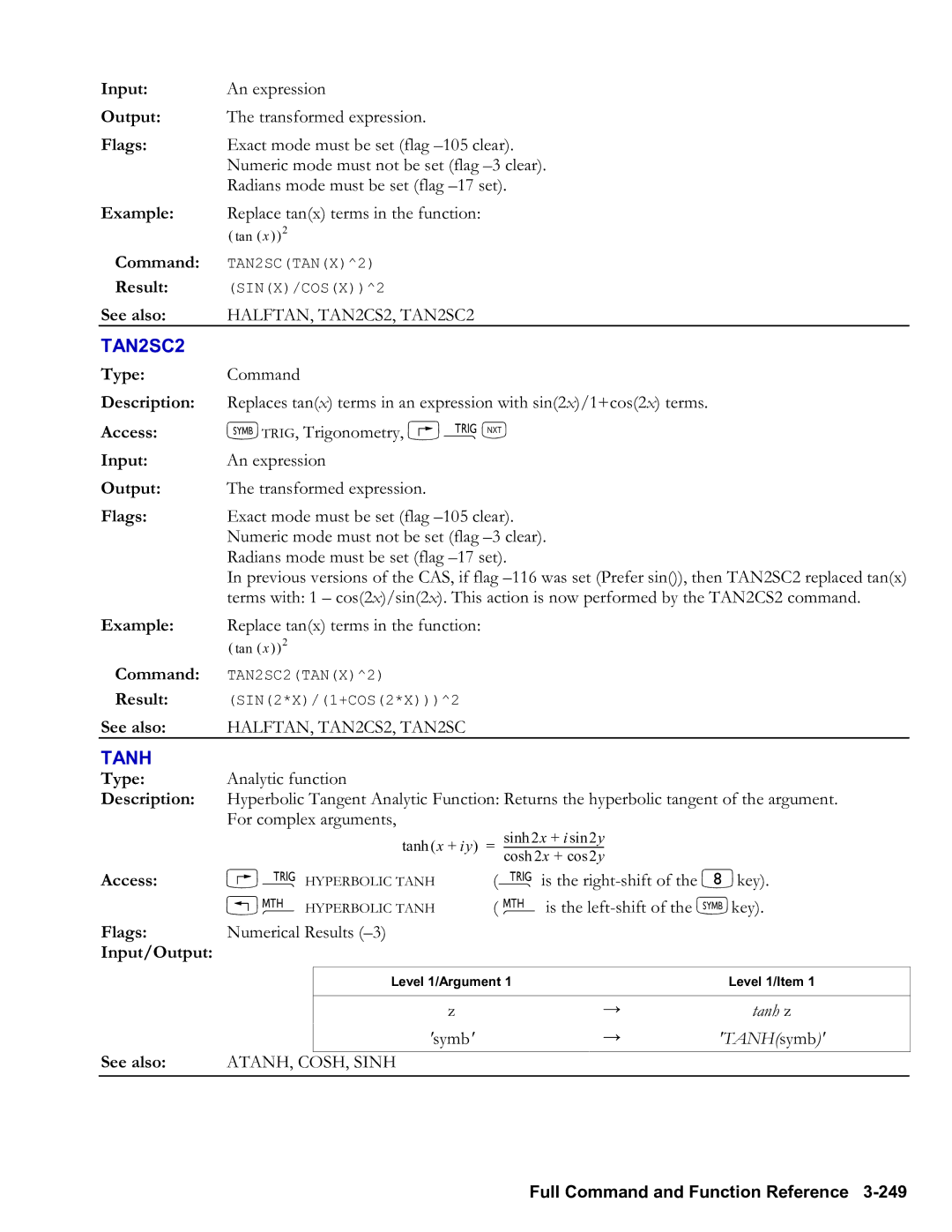 HP 48gII Graphing, 50g Graphing manual TAN2SC2, Tanh z, TANHsymb 