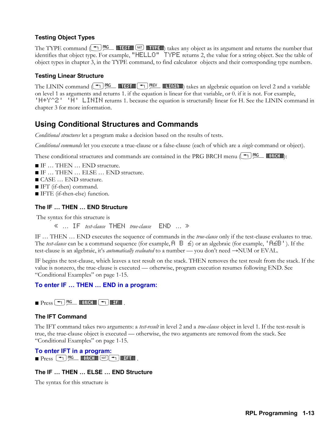 HP 48gII Graphing manual Using Conditional Structures and Commands, To enter if then END in a program, Press !%BRCH% !%IF% 