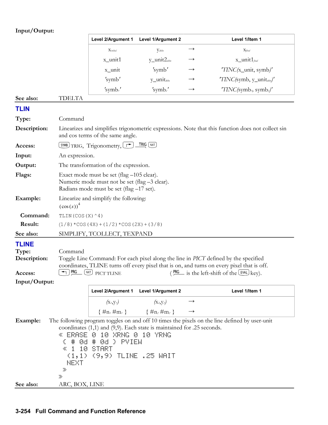 HP 50g Graphing, 48gII Graphing manual Tline, TINCsymb1, symb2, SIMPLIFY, TCOLLECT, Texpand 