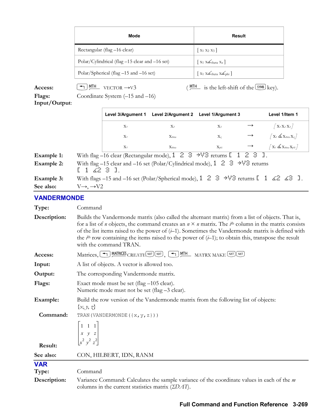 HP 48gII Graphing, 50g Graphing manual Vandermonde, Var 