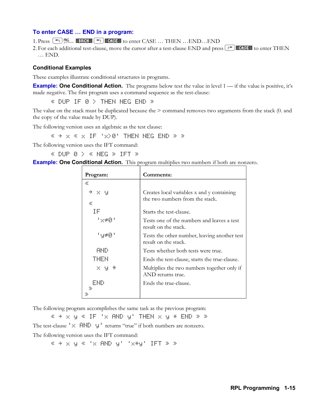 HP 48gII Graphing, 50g Graphing manual To enter Case END in a program, Conditional Examples 