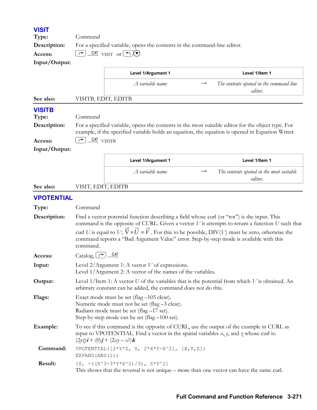 HP 48gII Graphing, 50g Graphing manual Visitb, Vpotential, Variable name Contents opened in the command line Editor 