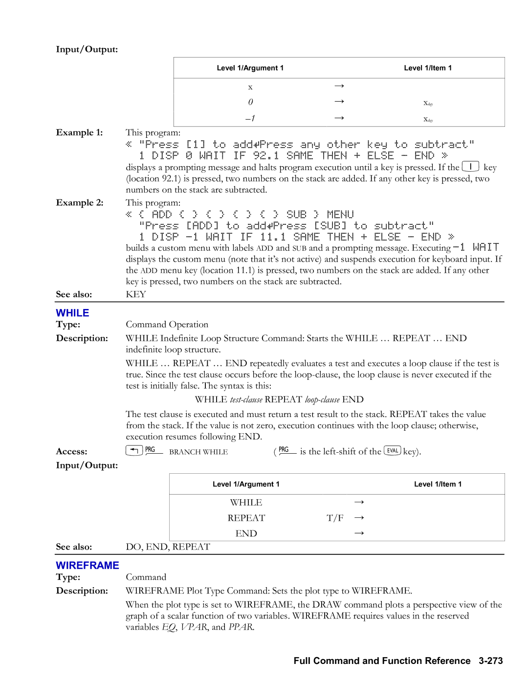 HP 48gII Graphing, 50g Graphing manual Wireframe, While testclause Repeat loopclause END, While Repeat 