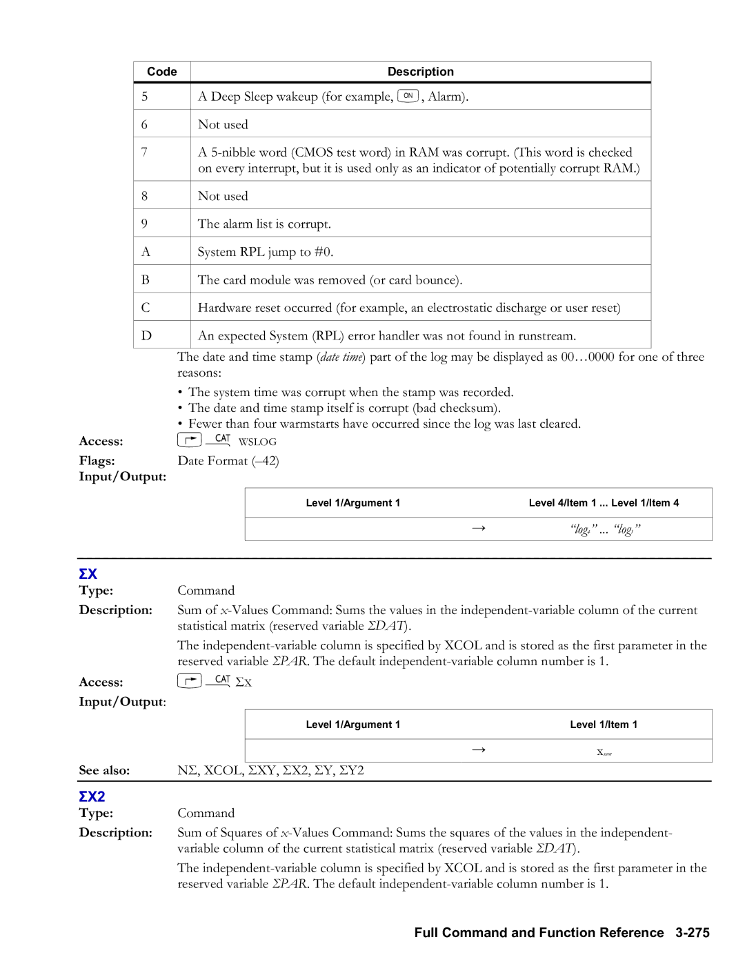 HP 48gII Graphing, 50g Graphing manual ΣX2, Access …µWSLOG, Log4 ... log1, Access …µΣX Input/Output 