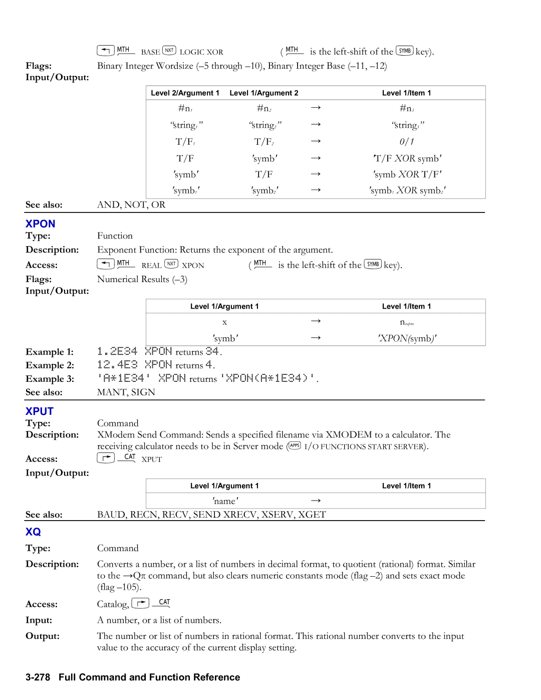 HP 50g Graphing, 48gII Graphing manual Xpon, Xput, XPONsymb, MANT, Sign, BAUD, RECN, RECV, Send XRECV, XSERV, Xget 