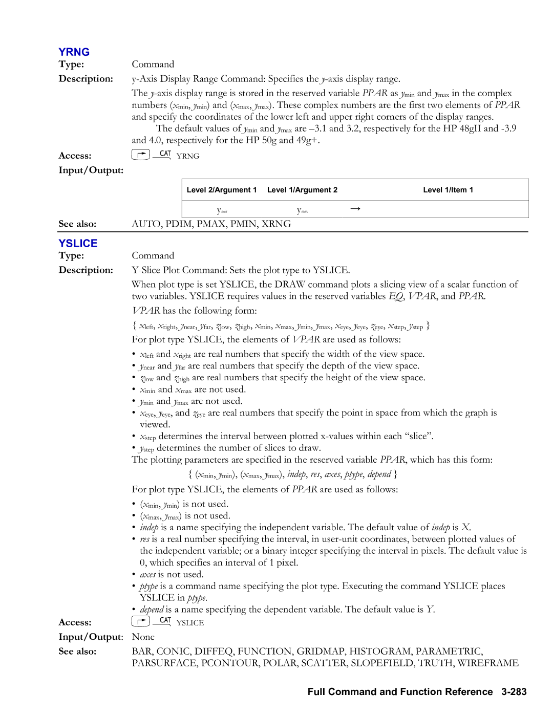 HP 48gII Graphing, 50g Graphing manual Yrng, Yslice, AUTO, PDIM, PMAX, PMIN, Xrng 