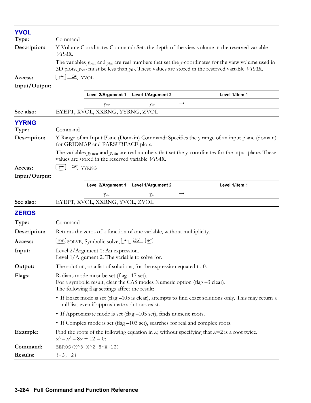 HP 50g Graphing, 48gII Graphing manual Yvol, Yyrng, Zeros, EYEPT, XVOL, XXRNG, YYRNG, Zvol, EYEPT, XVOL, XXRNG, YVOL, Zvol 