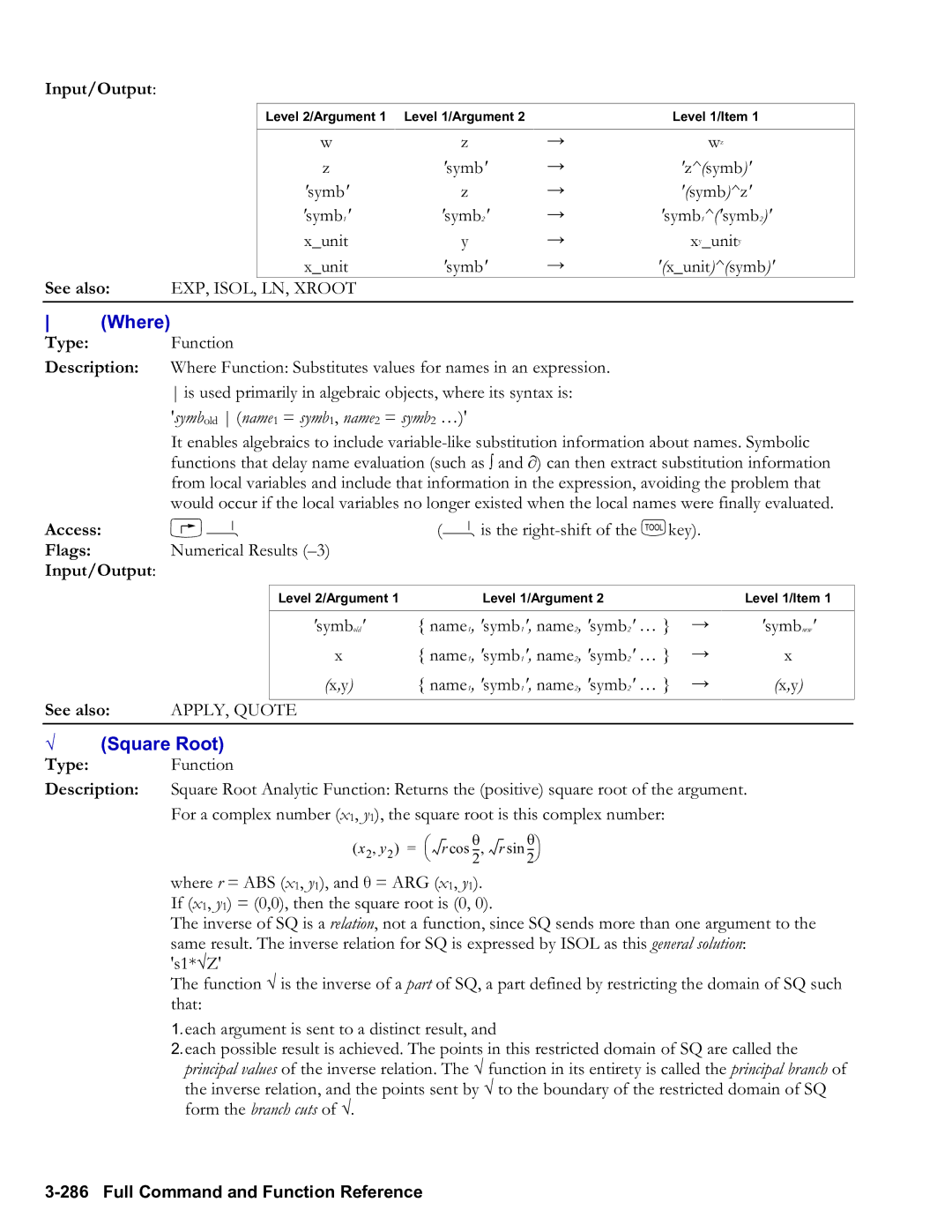 HP 50g Graphing, 48gII Graphing manual Where, √ Square Root, Zsymb, Symbz, Name1, symb1, name2, symb2 … 