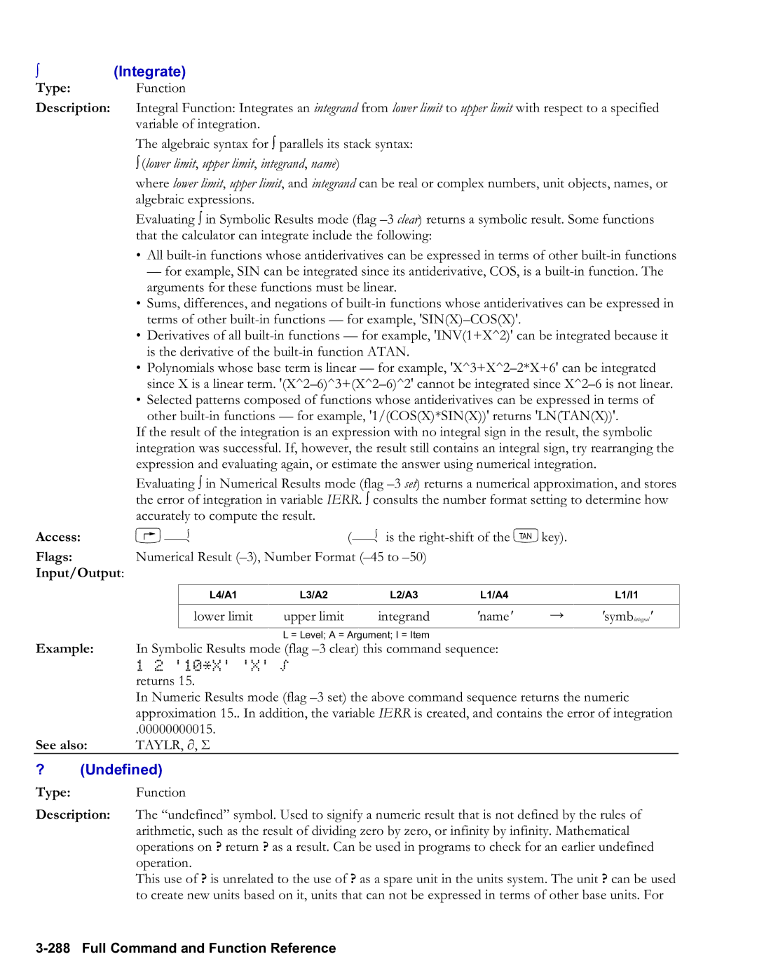 HP 50g Graphing, 48gII Graphing manual Integrate, ? Undefined, Lower limit, upper limit, integrand, name, Taylr, ∂, Σ 