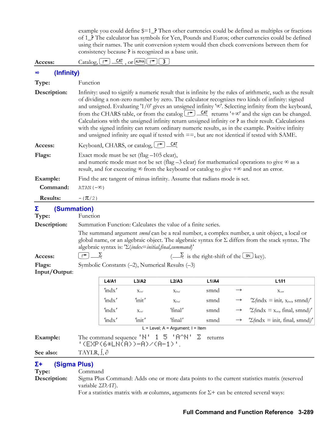 HP 48gII Graphing, 50g Graphing manual ∞ Infinity, Summation, Sigma Plus, Results -π/2 