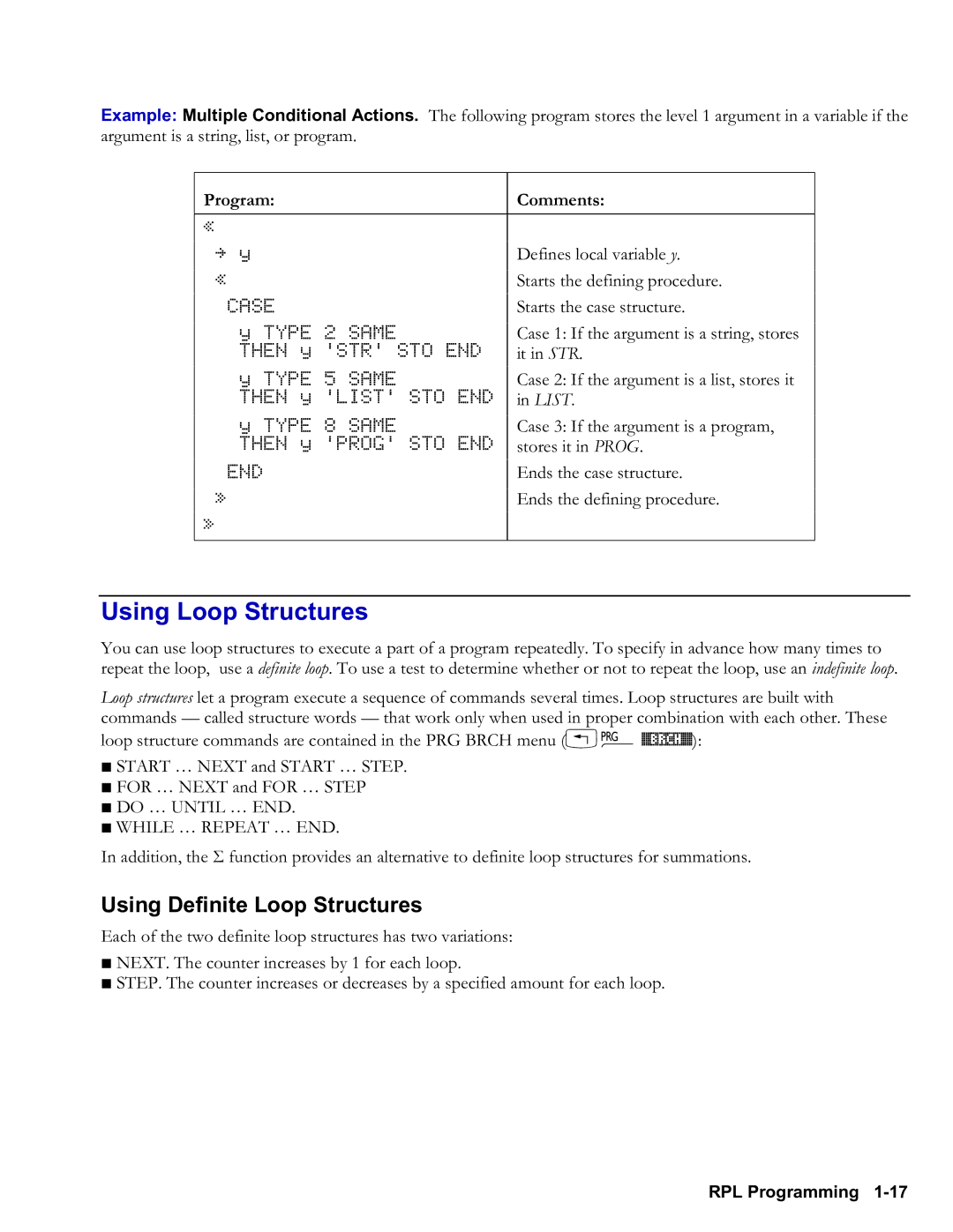 HP 48gII Graphing, 50g Graphing manual Using Loop Structures, Using Definite Loop Structures, While … Repeat … END 