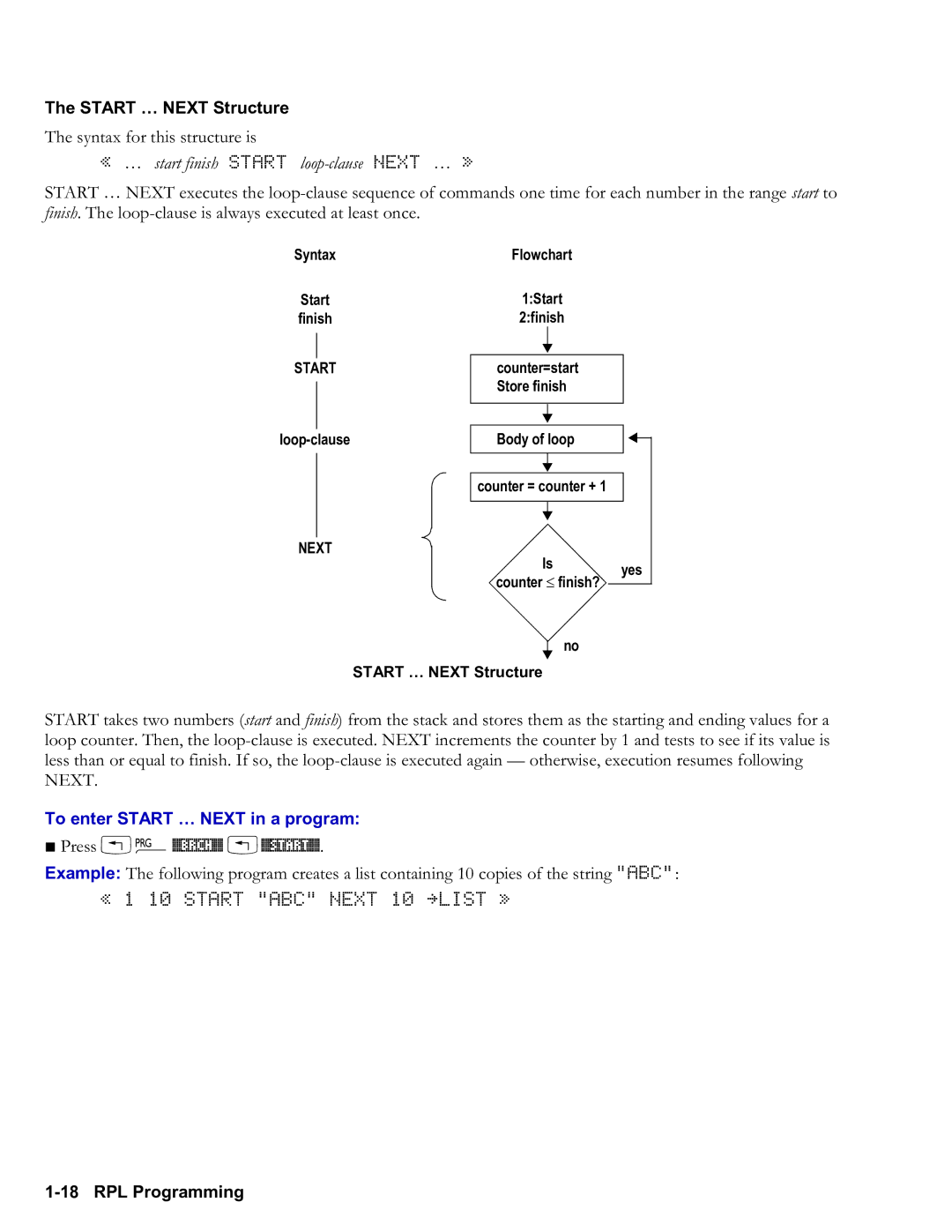 HP 50g Graphing manual Start Next Structure, « … start finish Start loopclause Next … », To enter Start Next in a program 