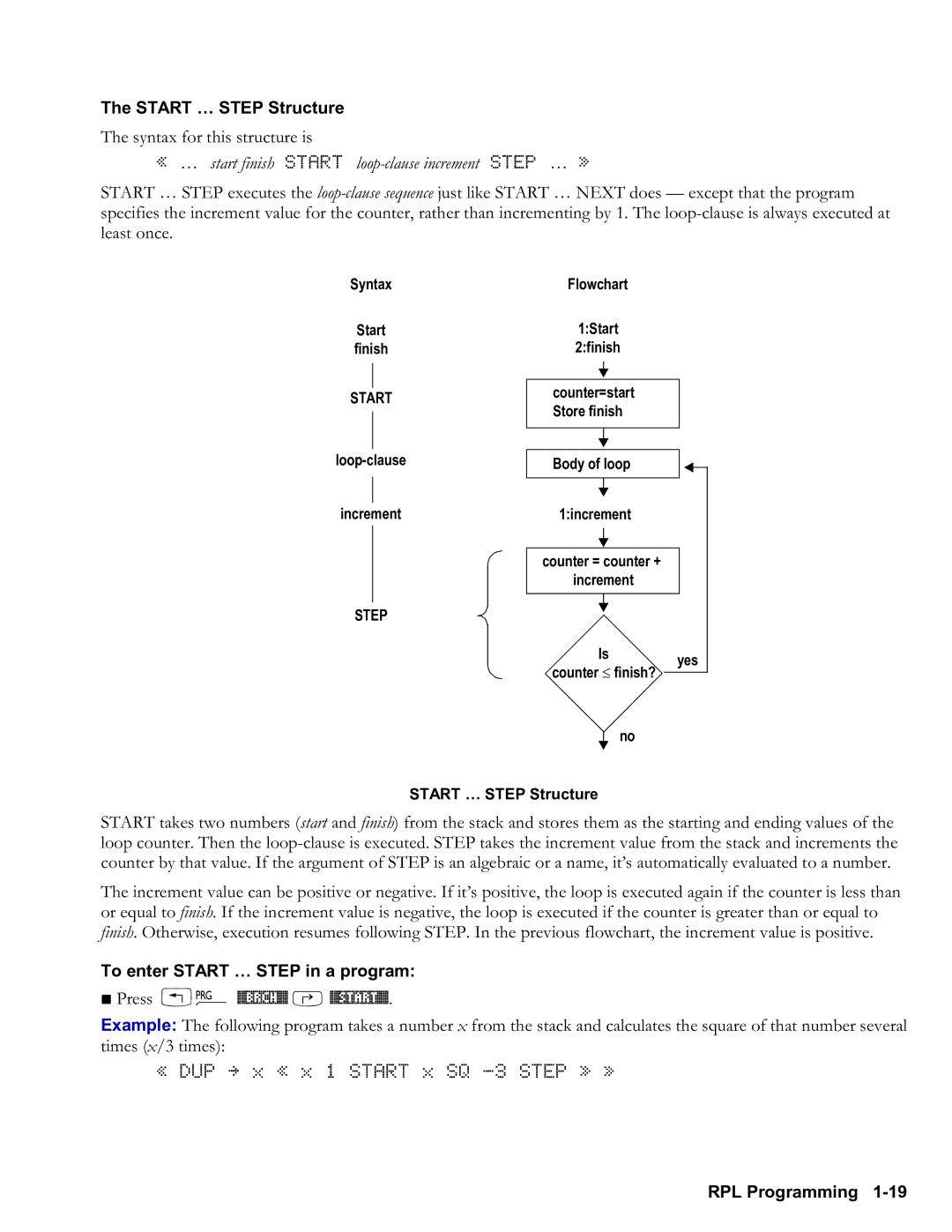 HP 48gII Graphing Start Step Structure, « … start finish Start loopclause increment Step … », Press ! %BRCH% … %START% 