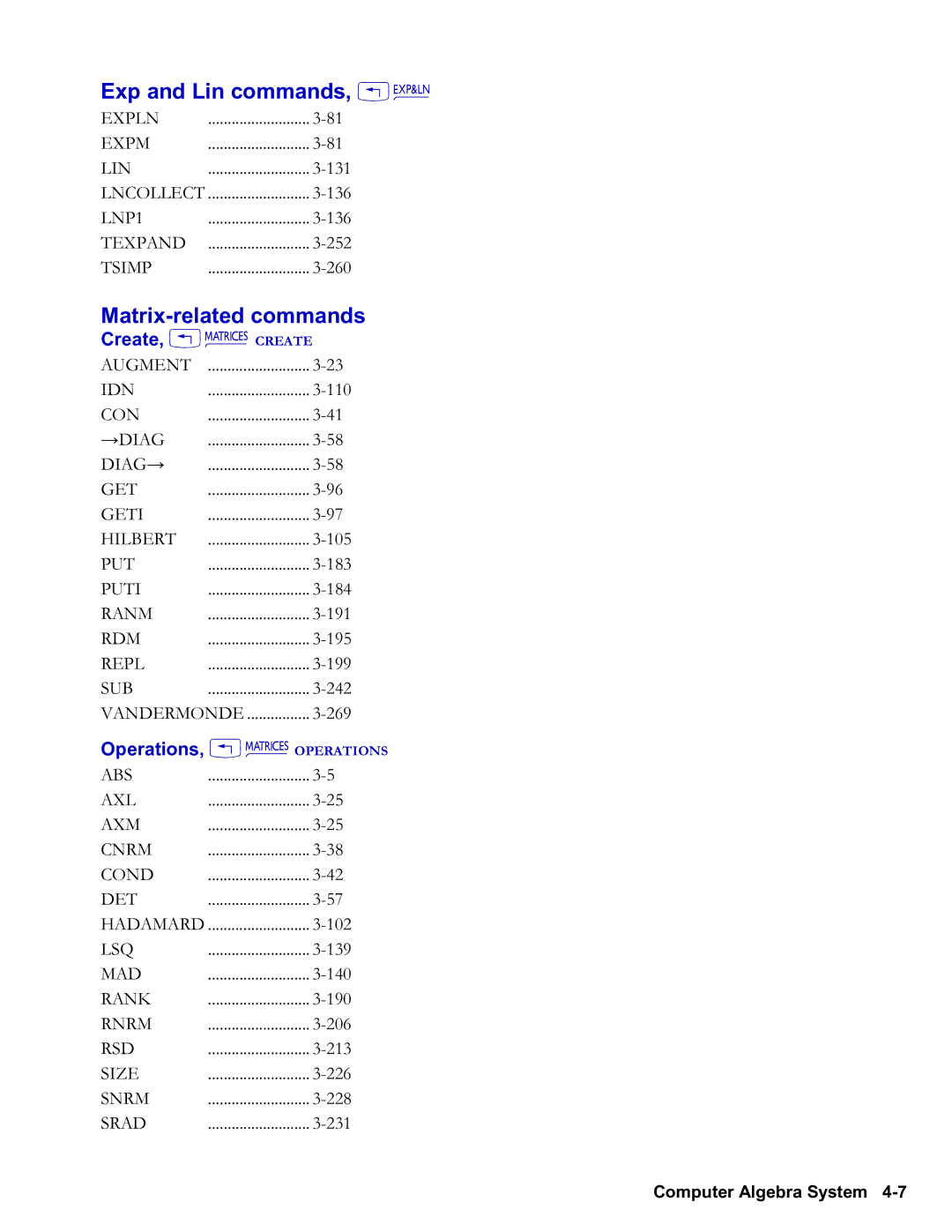 HP 48gII Graphing manual Exp and Lin commands, !Ð, Matrixrelated commands, Create, !Ø Create, Operations, !Ø Operations 