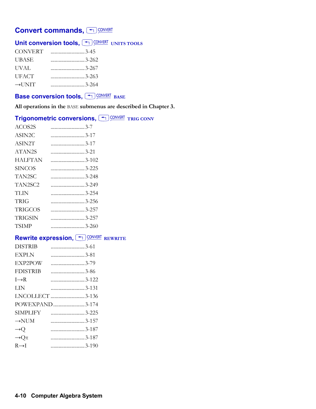 HP 50g Graphing manual Convert commands, !Ú, Unit conversion tools, !Ú Units Tools, Base conversion tools, !Ú Base 