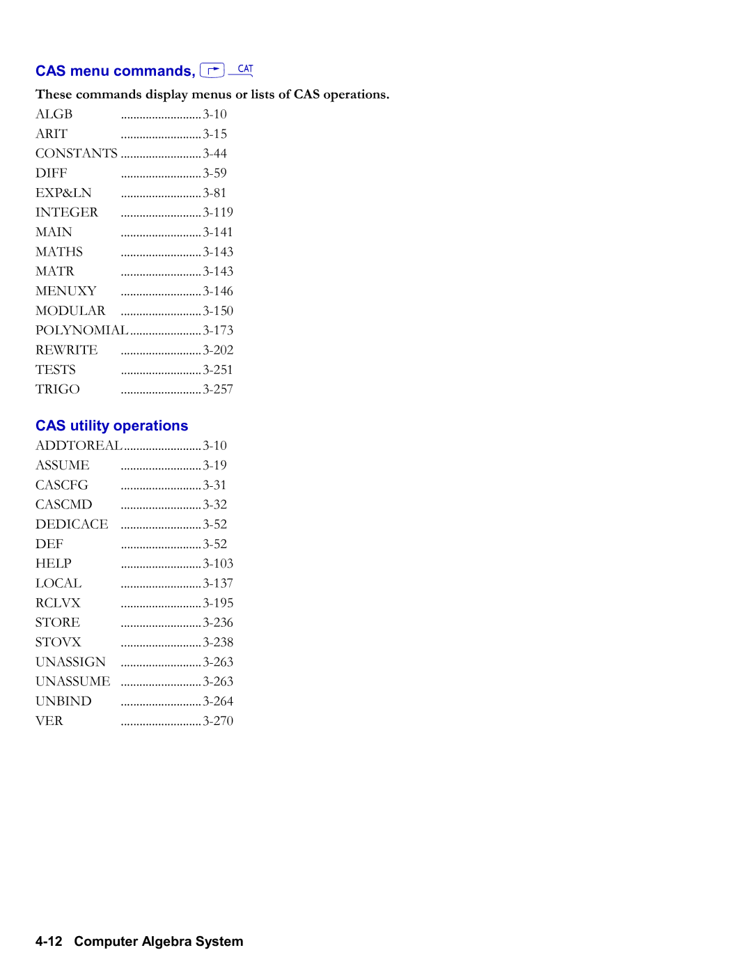 HP 50g Graphing CAS menu commands, …µ, CAS utility operations, These commands display menus or lists of CAS operations 