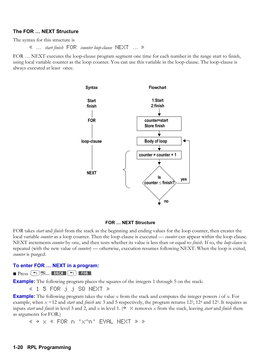 HP 50g Graphing manual For Next Structure, « … start finish for counter loopclause Next … », To enter for Next in a program 