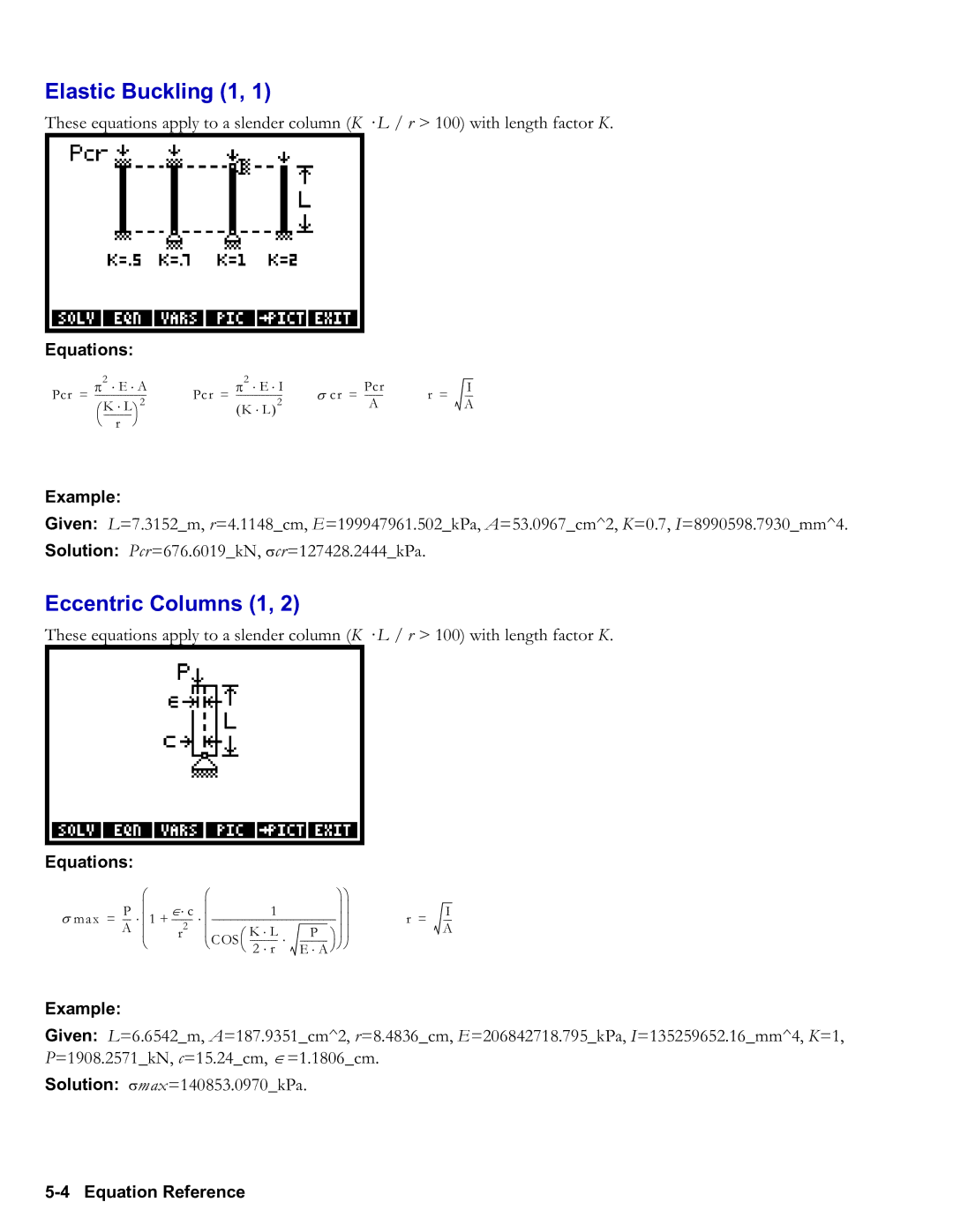 HP 50g Graphing, 48gII Graphing manual Elastic Buckling 1, Eccentric Columns 1, Equations, Example 