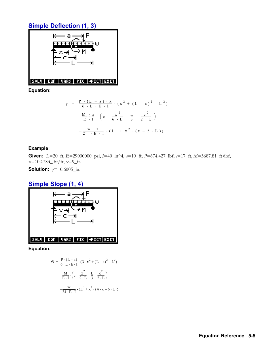 HP 48gII Graphing, 50g Graphing manual Simple Deflection 1, Simple Slope 1, Equation 