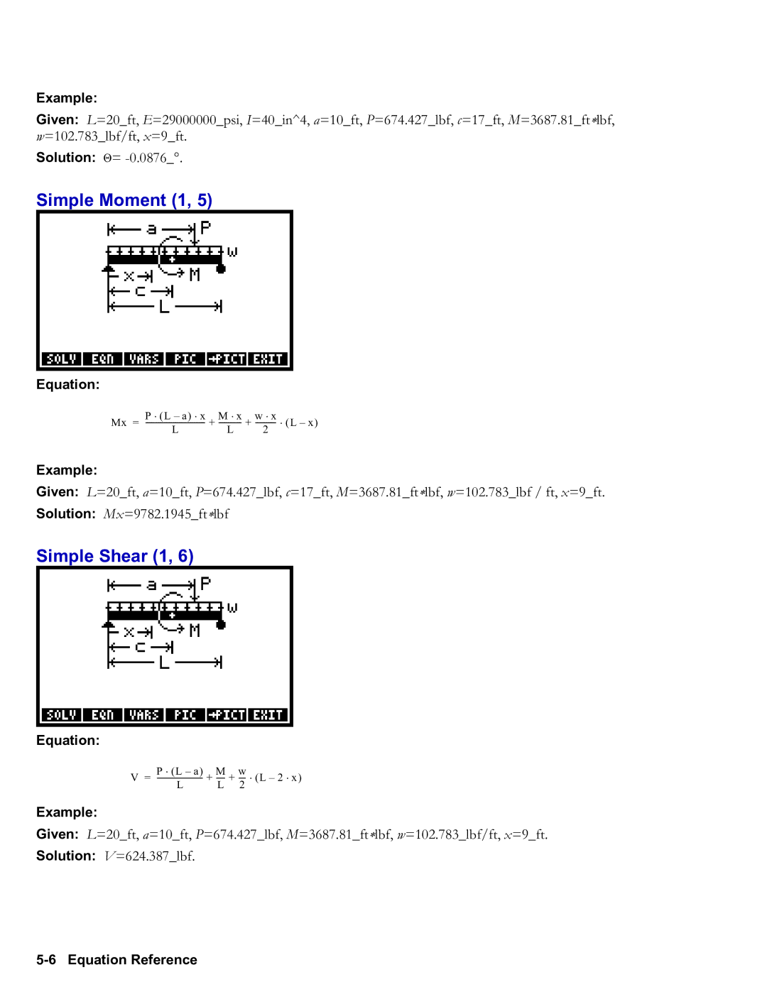 HP 50g Graphing, 48gII Graphing manual Simple Moment 1, Simple Shear 1, Solution V=624.387lbf 