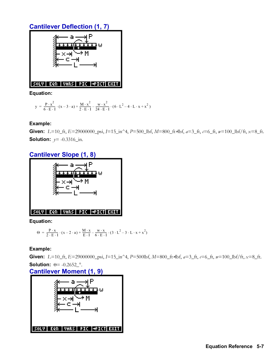 HP 48gII Graphing, 50g Graphing manual Cantilever Deflection 1, Cantilever Slope 1, Cantilever Moment 1 