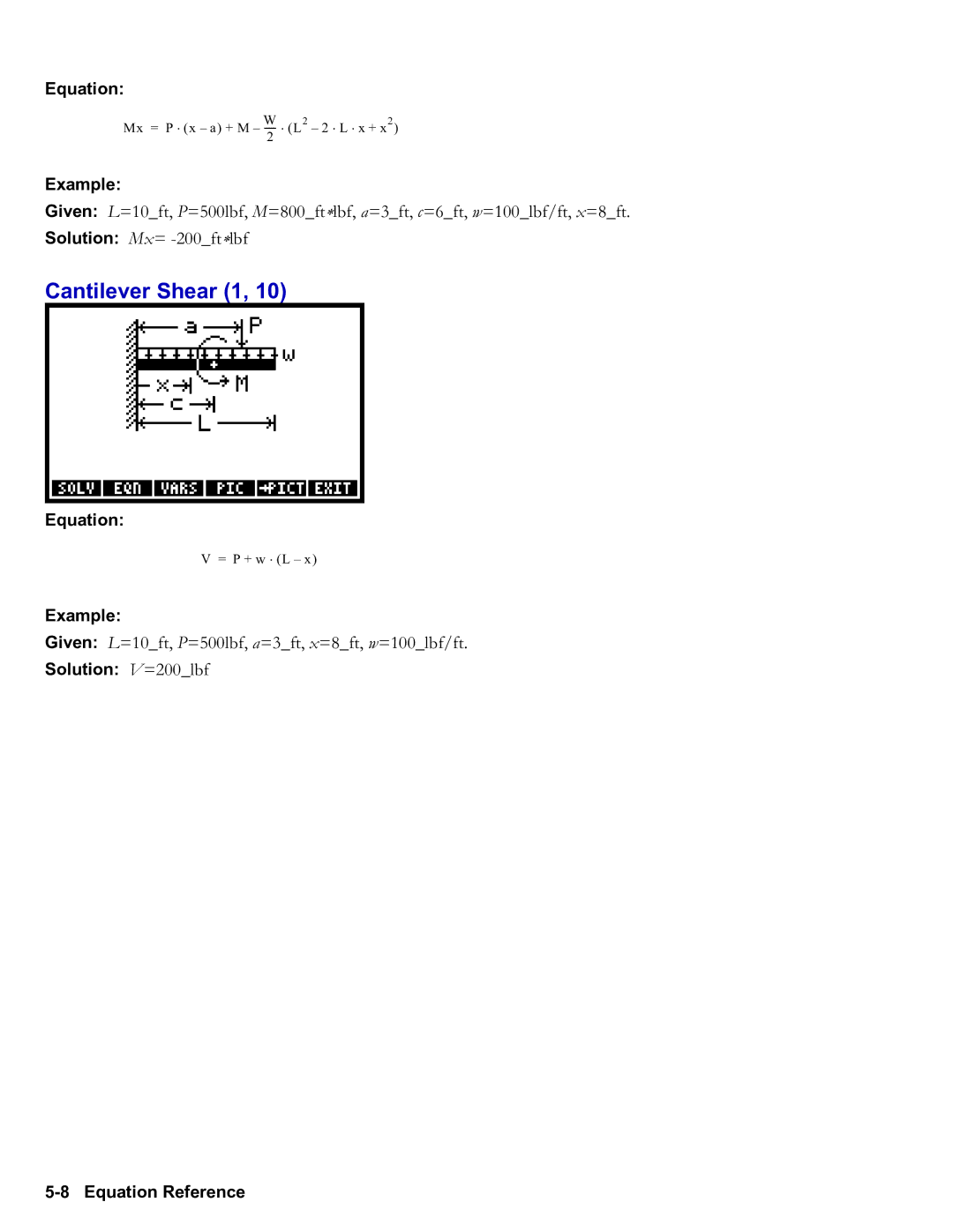 HP 50g Graphing, 48gII Graphing manual Cantilever Shear 1, Solution V=200lbf Equation Reference 