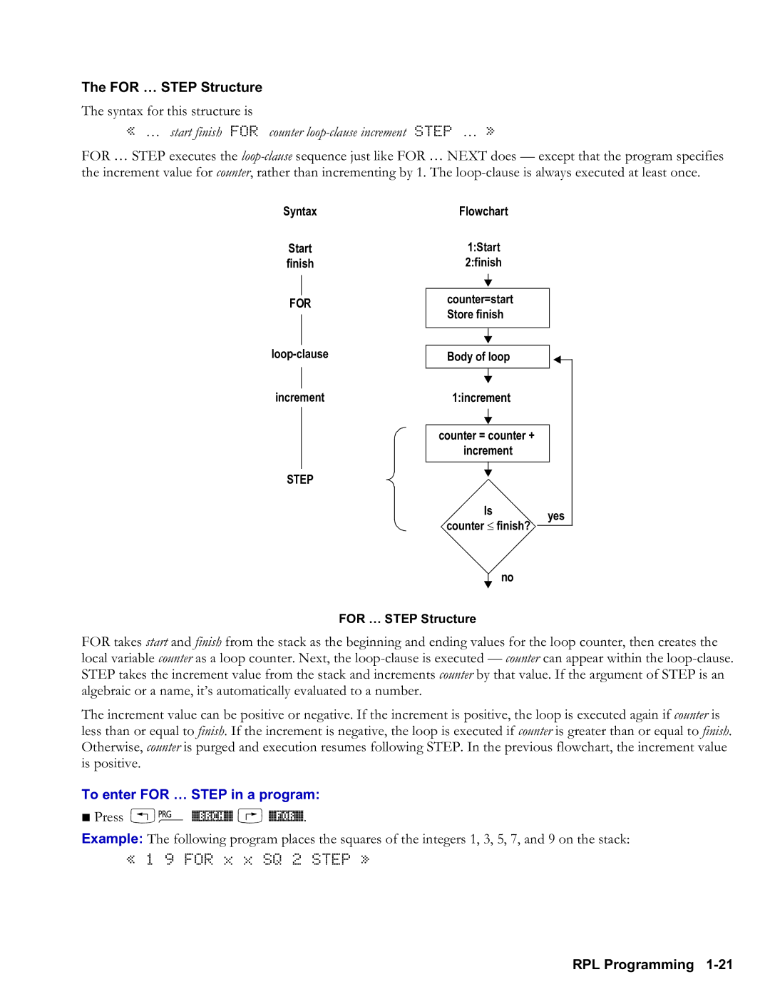 HP 48gII Graphing For Step Structure, « … start finish for counter loopclause increment Step … », Press ! %BRCH% … %FOR% 