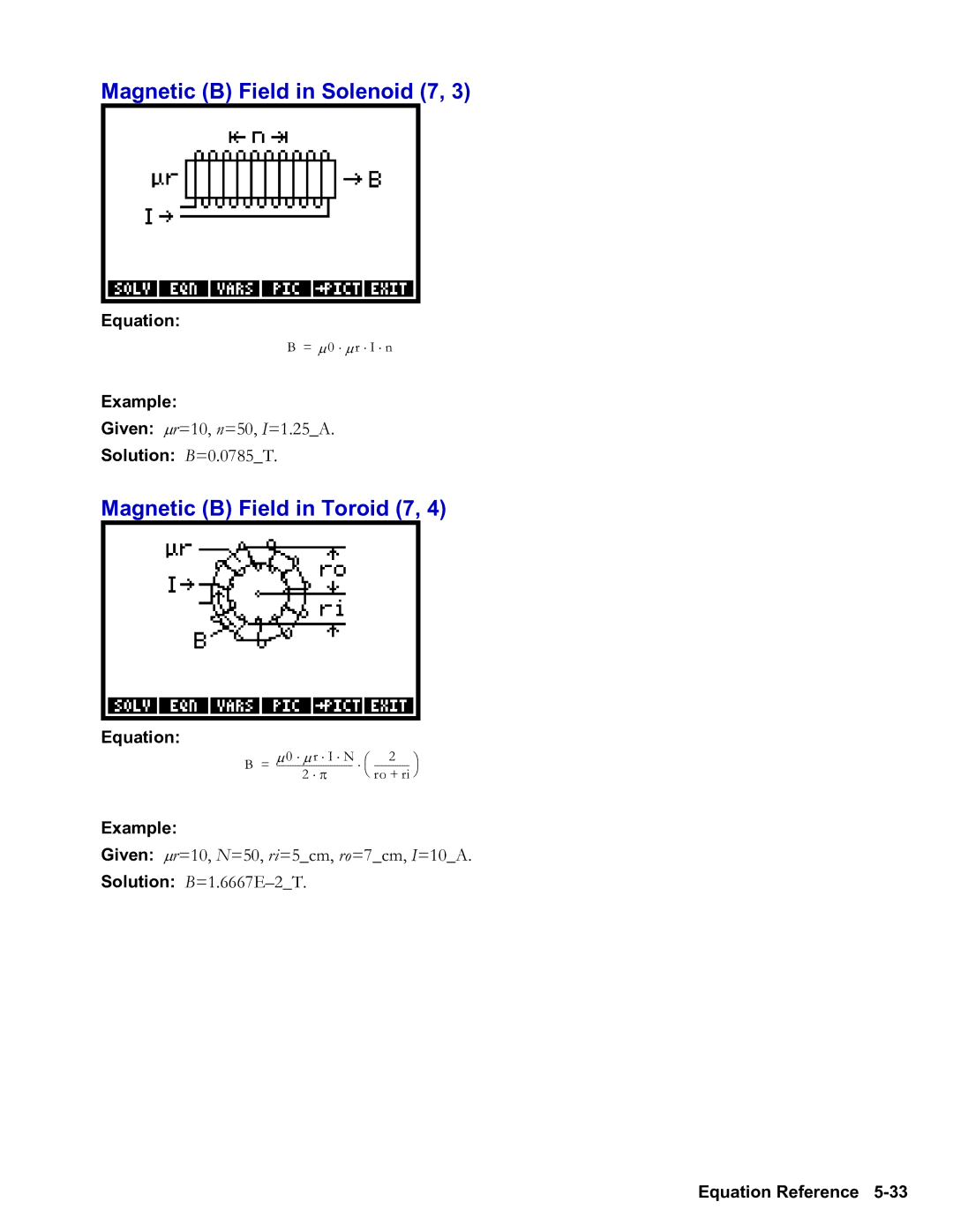 HP 48gII Graphing, 50g Graphing manual Magnetic B Field in Solenoid 7, Magnetic B Field in Toroid 7, Solution B=0.0785T 