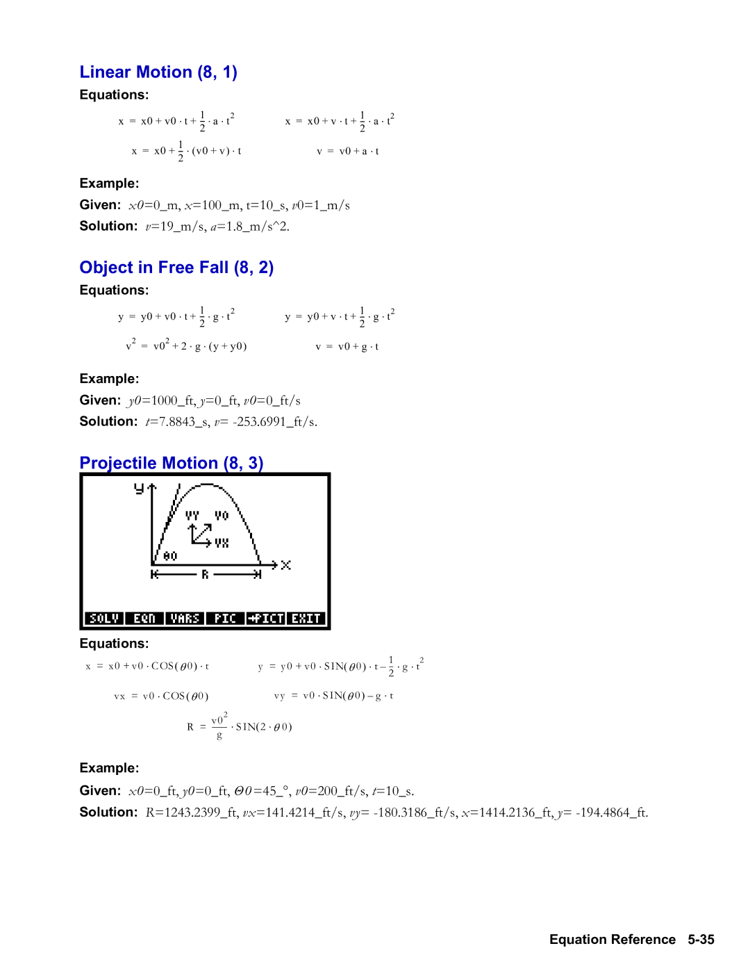 HP 48gII Graphing, 50g Graphing manual Linear Motion 8, Object in Free Fall 8, Projectile Motion 8 