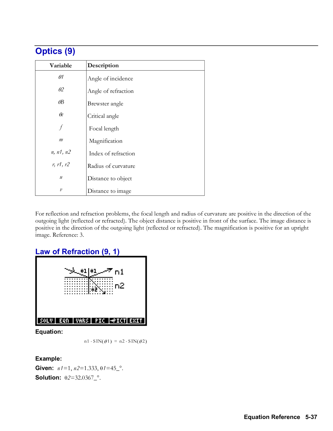 HP 48gII Graphing, 50g Graphing manual Optics, Law of Refraction 9 