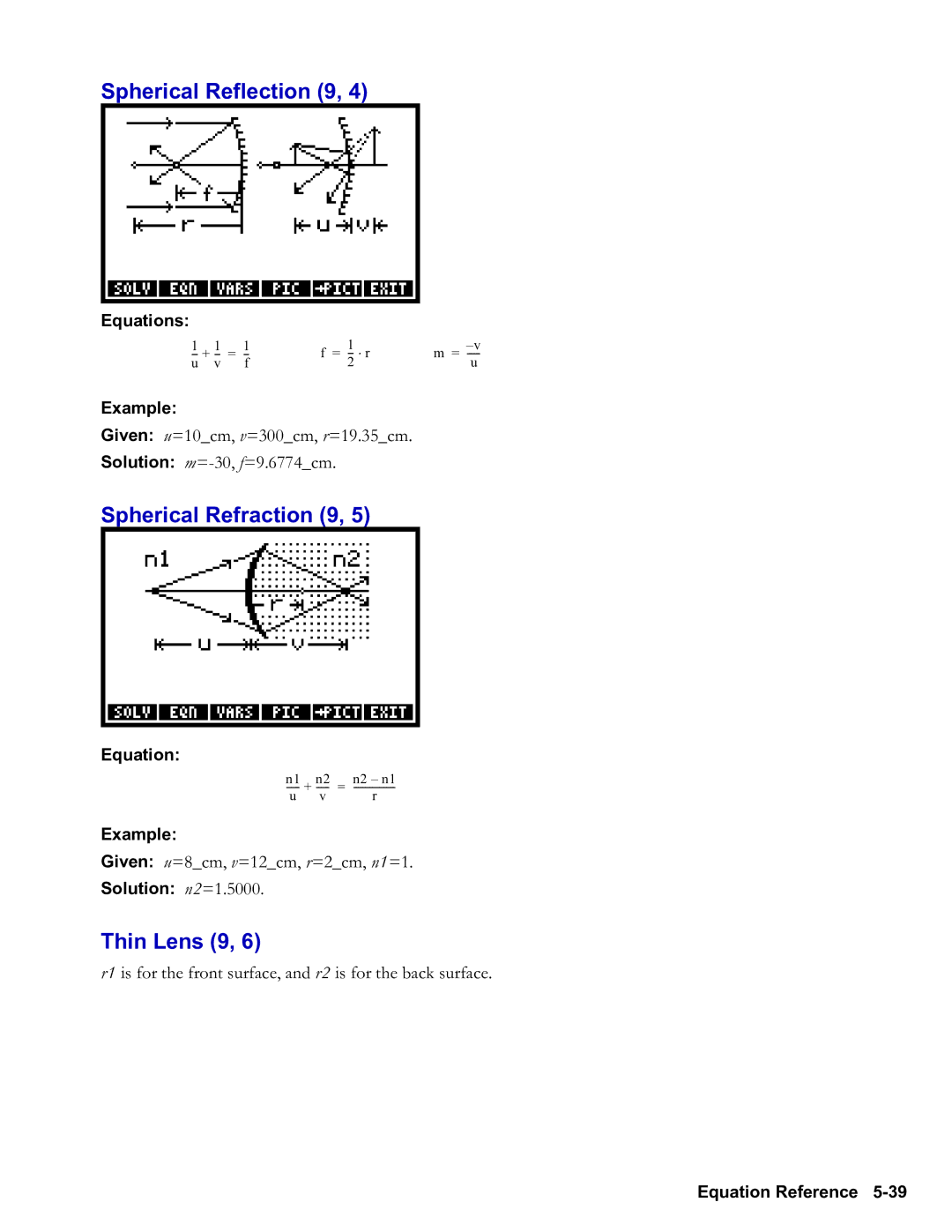 HP 48gII Graphing, 50g Graphing manual Spherical Reflection 9, Spherical Refraction 9, Thin Lens 9, Solution n2=1.5000 