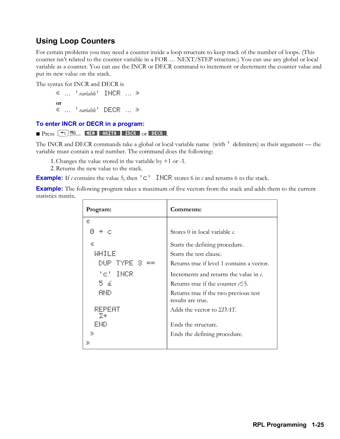 HP 48gII Graphing manual Using Loop Counters, To enter Incr or Decr in a program, Press ! #MEM# %ARITH% %INCR% or %DECR% 