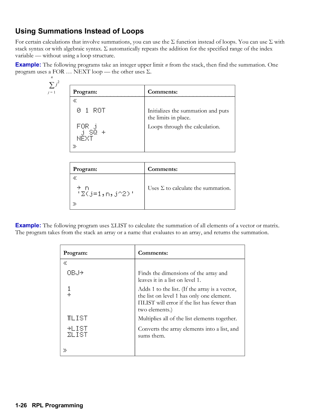 HP 50g Graphing, 48gII Graphing manual Using Summations Instead of Loops, ∑ j 