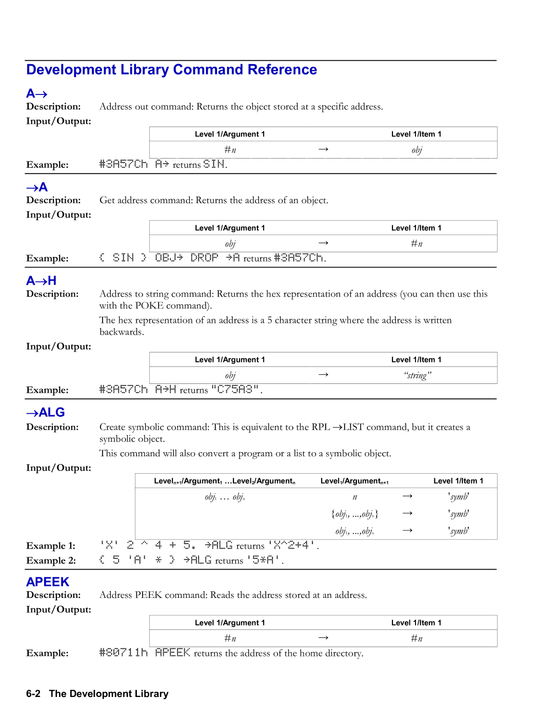 HP 50g Graphing, 48gII Graphing manual Development Library Command Reference, Obj String, Obj1 … objn Symb Obj1, ...,objn 