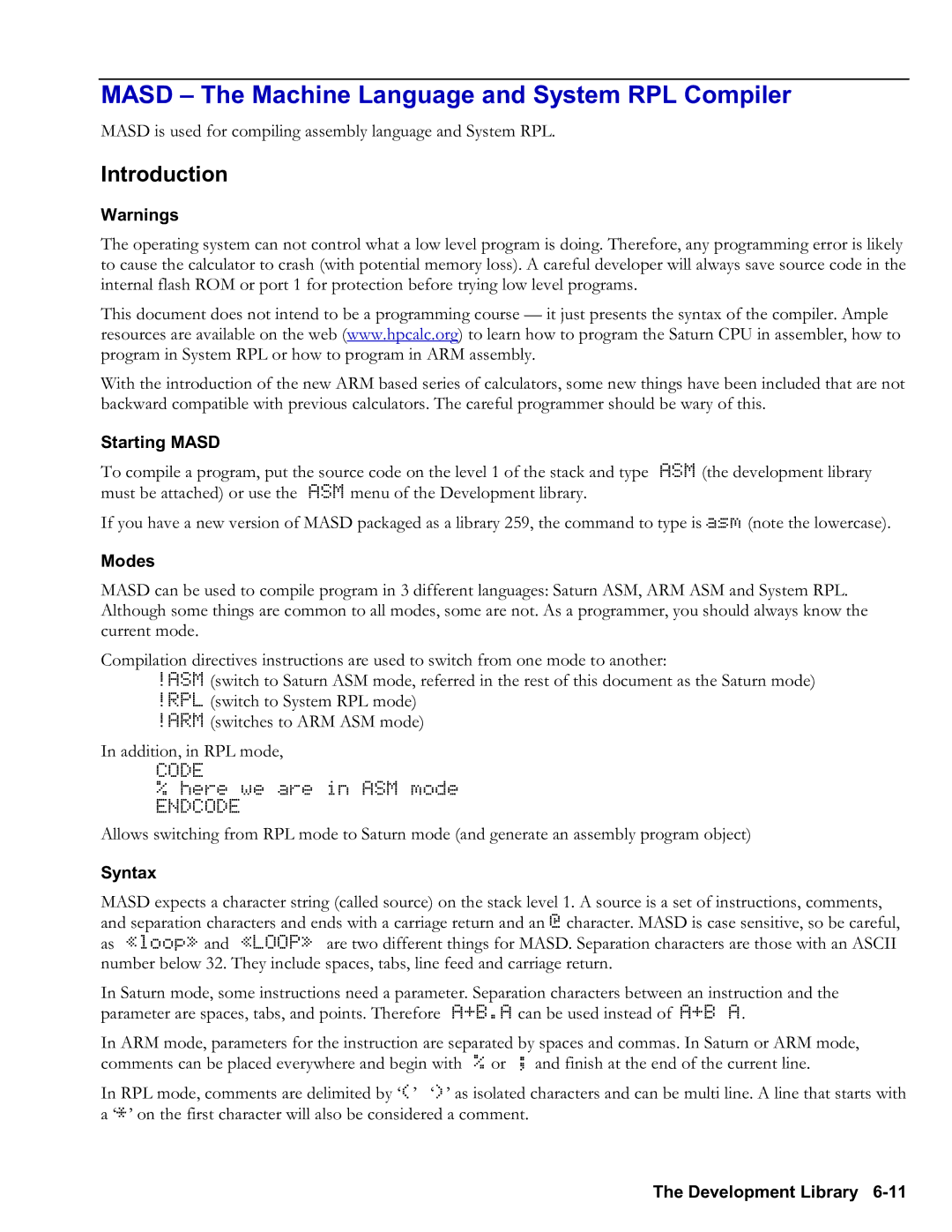 HP 48gII Graphing manual Masd The Machine Language and System RPL Compiler, Introduction, Starting Masd, Modes, Syntax 