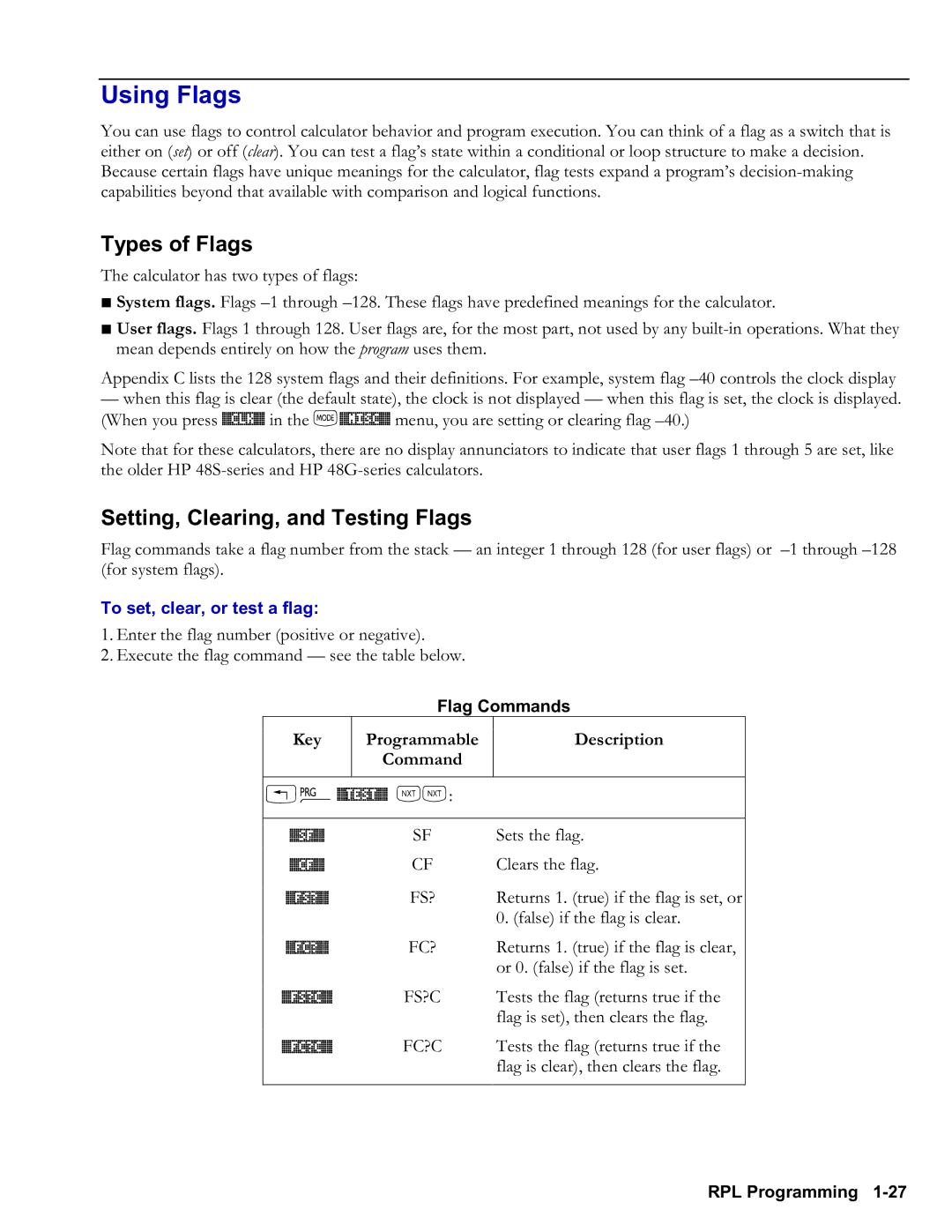 HP 48gII Graphing manual Using Flags, Types of Flags, Setting, Clearing, and Testing Flags, To set, clear, or test a flag 