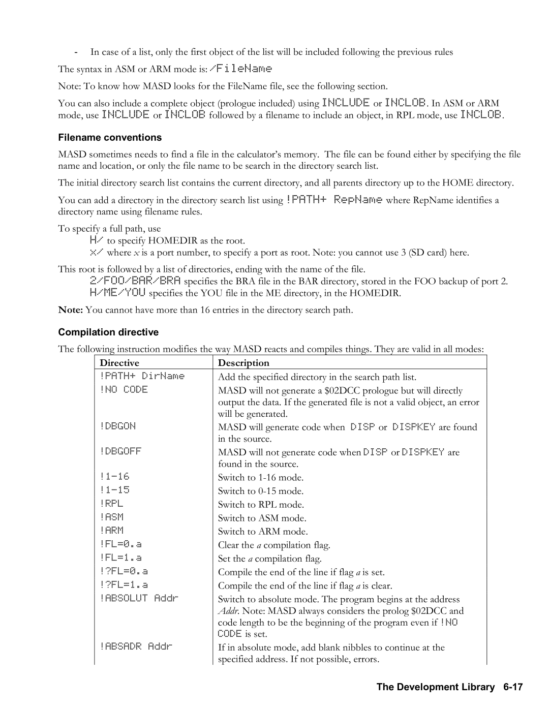 HP 48gII Graphing, 50g Graphing manual Filename conventions, Compilation directive, Directive Description 